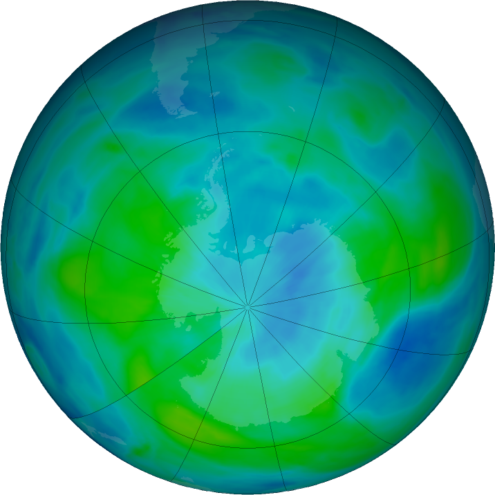 Antarctic ozone map for 15 March 2020
